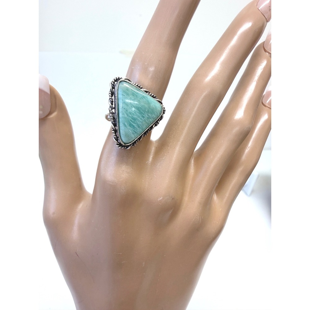 Hand Crafted Amazonite Ring Women Size 8 Silver Plated Triangle Stone Statement